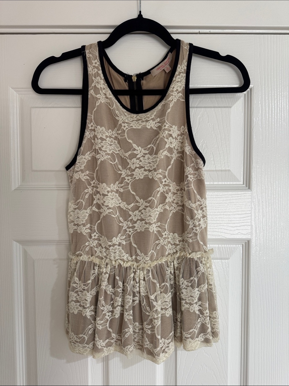 Green Envelope Beige Lace Peplum Dress with Black Trim | Small
